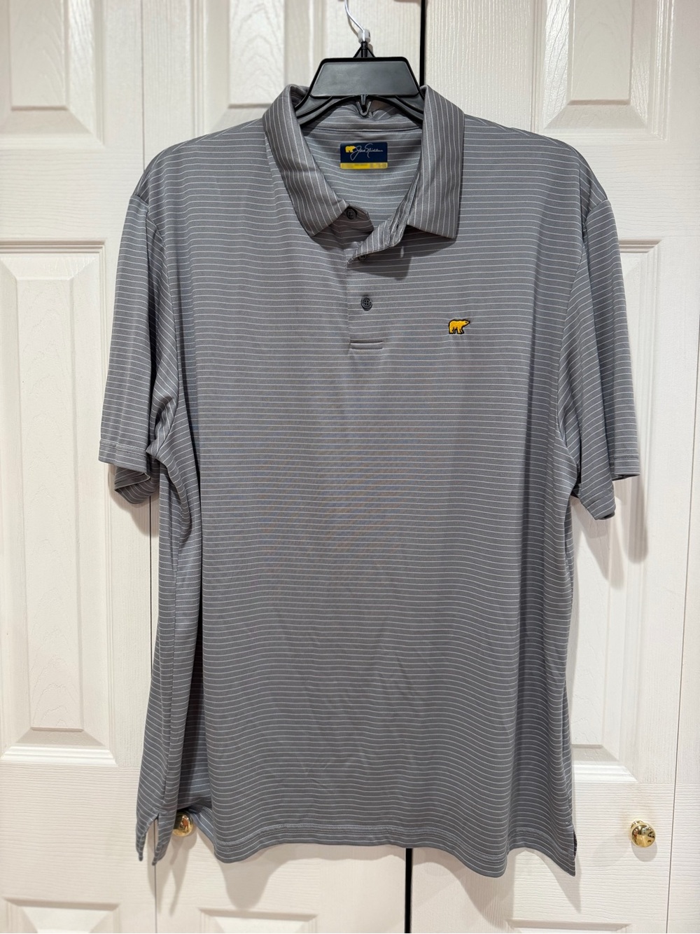 Men's Gray Striped Polo with Small Yellow Logo